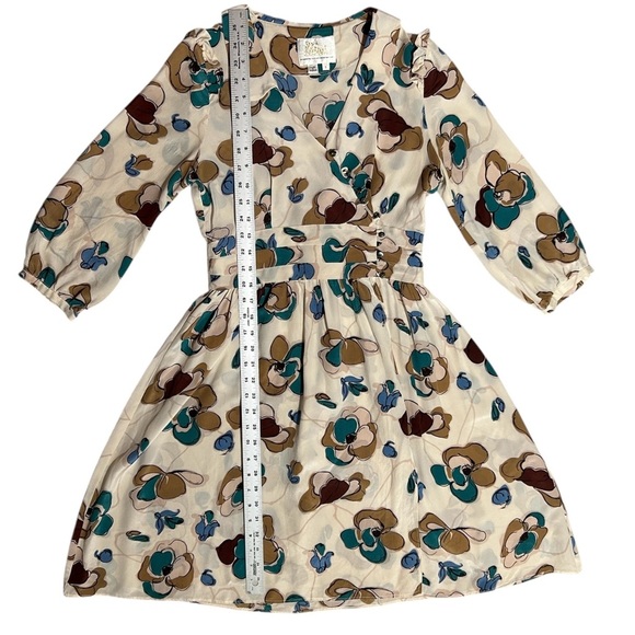 Vtg SARA BERMAN Silk Floral Chiffon Wrap Dress sz S Brown Blue Abalone Buttons - Picture 5 of 13